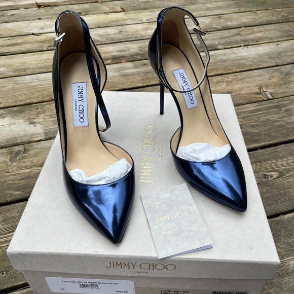 Jimmy Choo Lucy 100 Heels Metallic Denim Mirror Leather – Size 39.5 - Picture 2 of 10